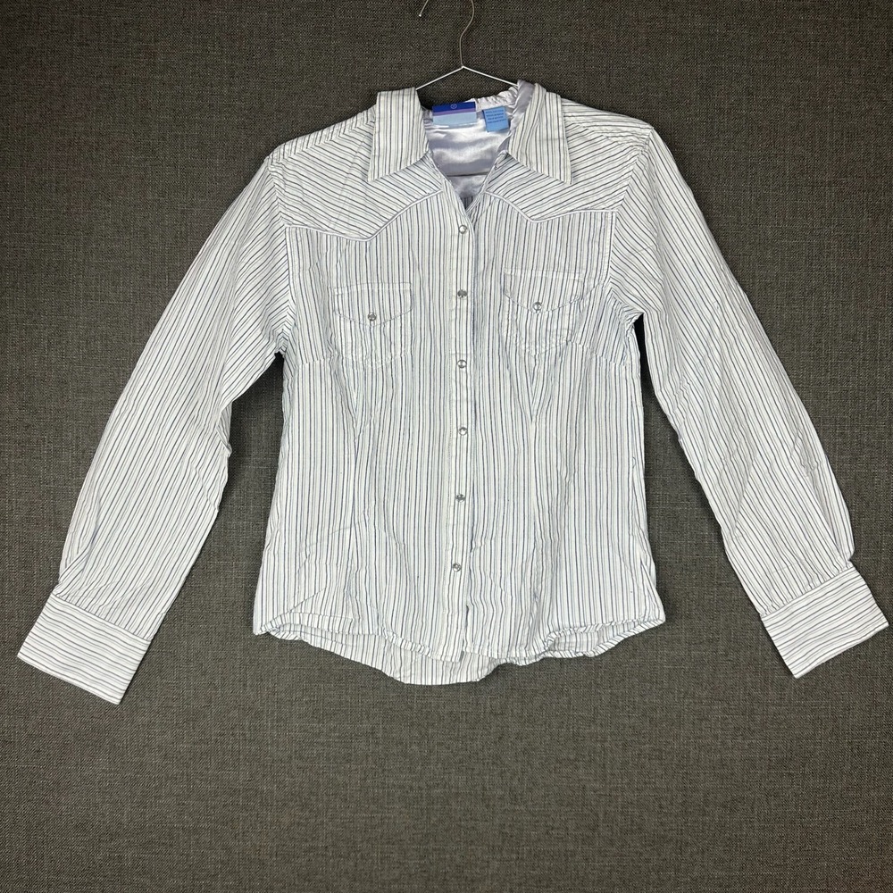 Nina Capri Western Shirt White Blue Striped Long Sleeve Button Down Medium